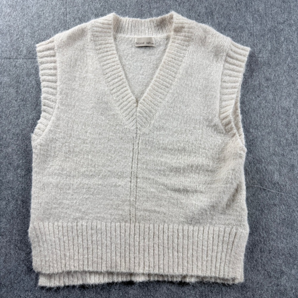 Becool Sweater Vest Womens M/L Cream Fuzzy Knit V-Neck   Neutral Ribbed Trim